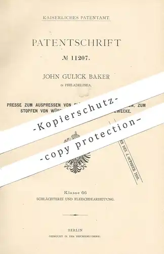 original Patent - John Gulick Baker , Philadelphia , USA , 1879 , Presse | Fleischwolf , Wurst , Schlachter , Fleischer