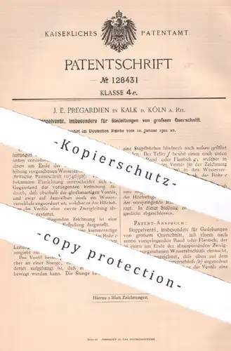 original Patent - J. E. Prégardien , Kalk / Köln / Rhein , 1901 , Doppelventil für Gasleitung | Gas , Ventil , Flantsch