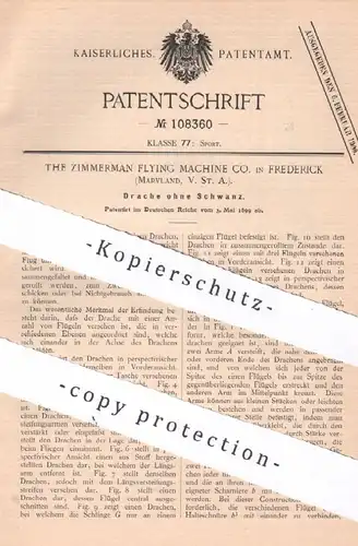 original Patent - The Zimmerman Flying Machine Co. , Frederick , Maryland , USA , 1899 , Drache ohne Schwanz | Sport