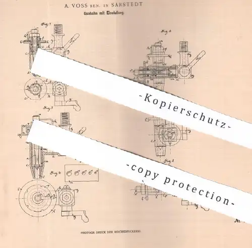 original Patent - A. Voss , Sarstedt , 1900 , Gashahn mit Einstellung | Gas , Gasdruck , Gasleitung , Brenner , Gase !!