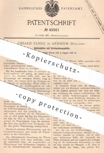 original Patent - Gerard Ulrici , Arnheim , Holland , 1888 , Gasheizofen mit Verdunstungsplatte | Gasofen , Gas , Ofen