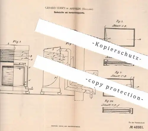 original Patent - Gerard Ulrici , Arnheim , Holland , 1888 , Gasheizofen mit Verdunstungsplatte | Gasofen , Gas , Ofen