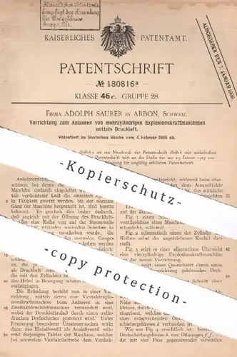 original Patent - Adolph Saurer , Arbon , Schweiz | 1905 | Anlasser für Explosionskraftmaschinen | Gasmotor , Gas Motor