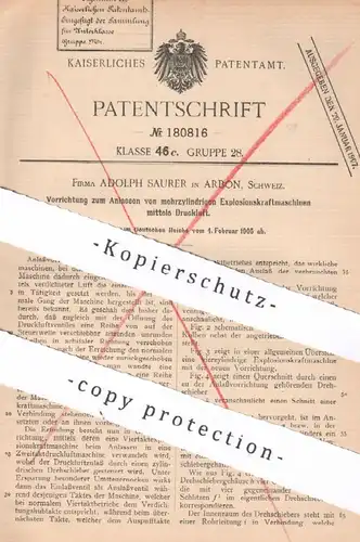 original Patent - Adolph Saurer , Arbon , Schweiz , 1905 , mehrzylindrige Explosionskraftmaschine | Gasmotor | Gas Motor
