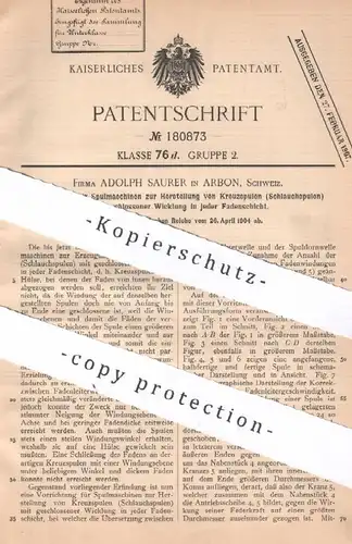 original Patent - Adolph Saurer , Arbon , Schweiz , 1904 , Spulmaschinen zur Herst. von Kreuzspulen | Spulen , Spule