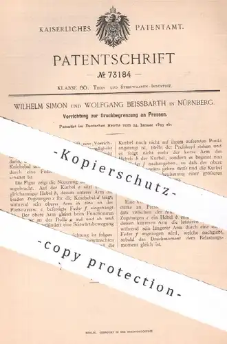 original Patent - Wilhelm Simon , Wolfgang Beissbarth , Nürnberg , 1893 , Druckbegrenzung an Pressen | Presse | Druck