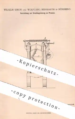 original Patent - Wilhelm Simon , Wolfgang Beissbarth , Nürnberg , 1893 , Druckbegrenzung an Pressen | Presse | Druck