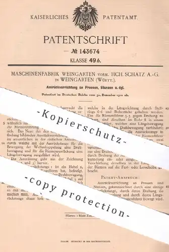 original Patent - Maschinenfabrik Weingarten vorm. HCH. Schatz AG | 1902 | Ausrückvorrichtung an Presse , Stanzen | Bahn