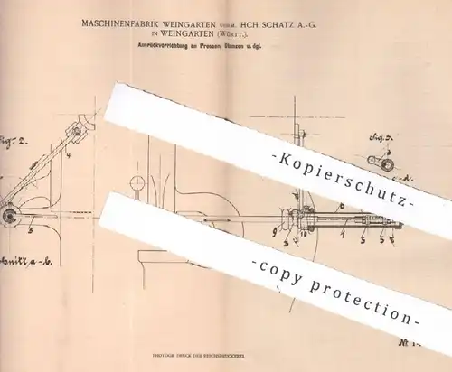 original Patent - Maschinenfabrik Weingarten vorm. HCH. Schatz AG | 1902 | Ausrückvorrichtung an Presse , Stanzen | Bahn