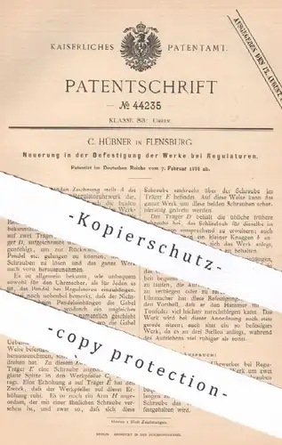 original Patent - C. Hübner , Flensburg , 1888 , Befestigung der Werke an Regulator | Uhr , Uhren , Uhrwerk , Uhrmacher