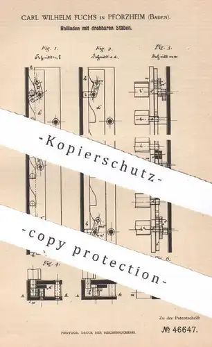 original Patent - Carl Wilhelm Fuchs , Pforzheim / Baden , 1888 , Rollladen mit drehbaren Stäben | Rollo , Jalousie !!!