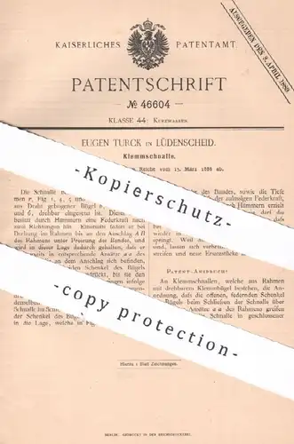 original Patent - Eugen Turck , Lüdenscheid , 1888 , Klemmschnalle | Klemme , Schnalle , Hosenträger , Gürtel