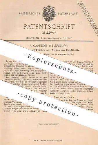 original Patent - A. Carstens , Flensburg , 1887 , Hufnägel und Stollen mit Rippen am Kopfteil | Hufeisen , Huf | Pferd