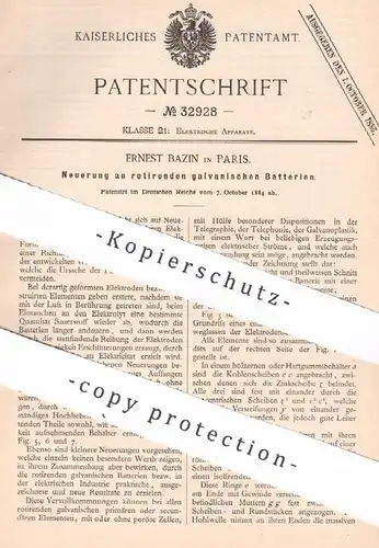 original Patent - Ernest Bazin , Paris , Frankreich , 1884 , rotierende galvanische Batterien | Batterie | Akku | Strom