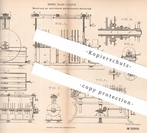 original Patent - Ernest Bazin , Paris , Frankreich , 1884 , rotierende galvanische Batterien | Batterie | Akku | Strom