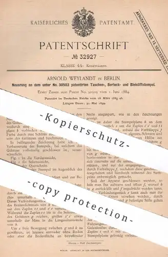 original Patent - Arnold Weylandt , Berlin , 1885 , Taschen-, Berlock- u. Bleistiftstempel | Stempel , Stempelplatte