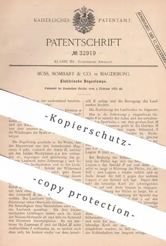original Patent - Buss, Sombart & Co. , Magdeburg , 1885 , Elektrische Bogenlampe | Lampe , Strom , Elektromagnet !!