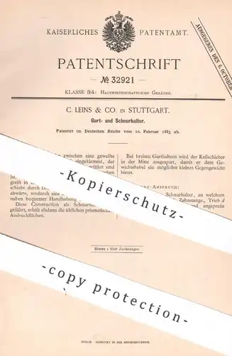 original Patent - C. Leins & Co. , Stuttgart | 1885 | Gurthalter u. Schnurhalter | Gurt , Schnur , Riemen !!
