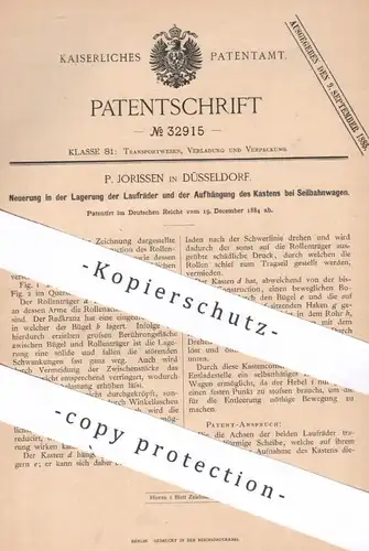 original Patent - P. Jorissen , Düsseldorf 1884 , Lagerung der Laufräder bei Seilbahnwagen | Seilbahn , Bahn , Eisenbahn