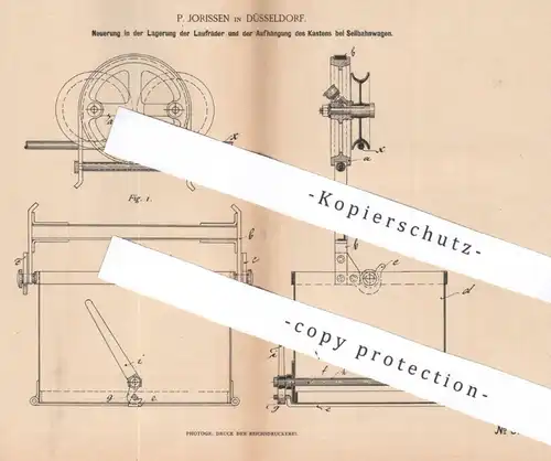 original Patent - P. Jorissen , Düsseldorf 1884 , Lagerung der Laufräder bei Seilbahnwagen | Seilbahn , Bahn , Eisenbahn