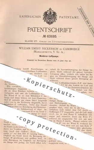 original Patent - William Emery Nickerson , Cambridge , Massachusetts , USA , 1891 , Membran - Luftpumpe | Luft - Pumpe