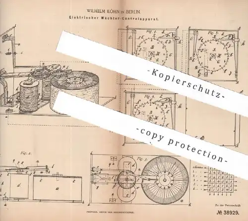 original Patent - Wilhelm Köhn , Berlin , 1886 , Elektrischer Wächter - Kontrollapparat | Uhr , Uhrwerk , Batterie