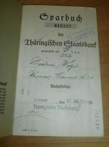 altes Sparbuch Weimar , 1938 - Juni 1945 , Diedrich Wetzel , Sparkasse , Bank !!!