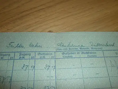 altes Sparbuch Leipzig Miltitz , 1952 - 1955 , Oskar Triller in Neuhausen / Dittersbach , Sparkasse , Bank !!!