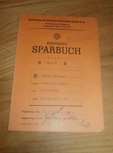 altes Sparbuch Magdeburg , 1943 - 1944 , Erich Schuppe , Sparkasse , Bank !!!
