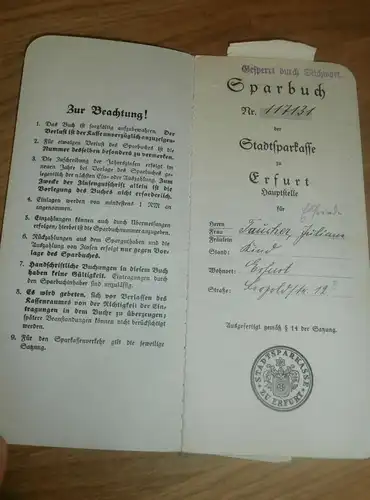 altes Sparbuch Erfurt , 1935 - 1945 , Juliane Taucher , Sparkasse , Bank !!!