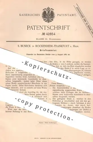 original Patent - S. Buseck , Frankfurt / Main / Bockenheim , 1887 , Briefsammler | Ordner , Aktenordner , Buchbinderei