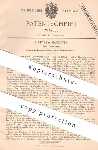 original Patent - A. Reitze , Hannover , 1887 , Billet - Coupierzange | Fahrschein , Fahrkarten | Kupierzange , Zange