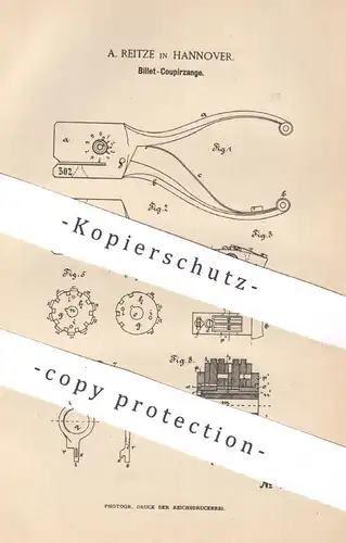 original Patent - A. Reitze , Hannover , 1887 , Billet - Coupierzange | Fahrschein , Fahrkarten | Kupierzange , Zange