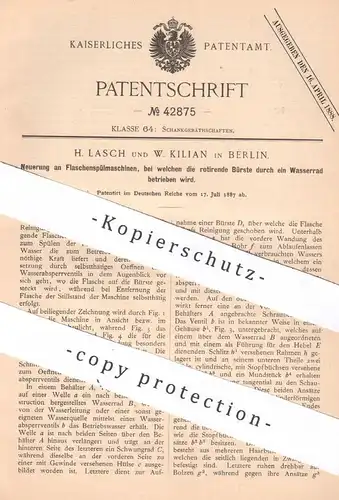 original Patent - H. Lasch , W. Kilian , Berlin , 1887 , Flaschenspülmaschine mit Wasserrad - Betrieb für die Bürste !!