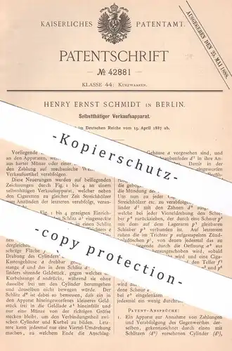 original Patent - Henry Ernst Schmidt , Berlin , 1887 , Verkaufsapparat mit Münzeinwurf | Automat Kasse Verkaufsautomat
