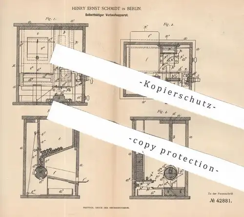 original Patent - Henry Ernst Schmidt , Berlin , 1887 , Verkaufsapparat mit Münzeinwurf | Automat Kasse Verkaufsautomat