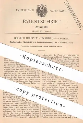 original Patent - Heinrich Hunsche , Barmen , 1887 , Mechanischer Webstuhl | Weben , Weber , Weberei !!