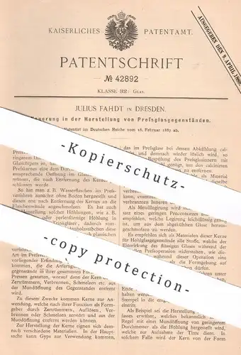 original Patent - Julius Fahdt , Dresden , 1887 , Herst. von Pressglas | Glas , Presse , Pressen | Hohlglas , Gläser