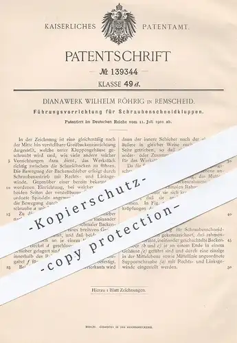 original Patent - Dianawerk Wilhelm Röhrig , Remscheid , 1902 , Führung der Schraubenschneidkluppen | Werkzeug , Kluppe