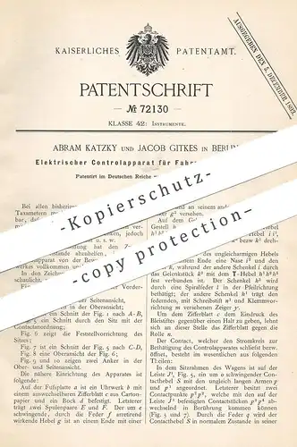 original Patent - Abram Katzky , Jakob Gitkes , Berlin , 1893 , Elektrischer Kontrollapparat für Fahrzeuge | Droschke