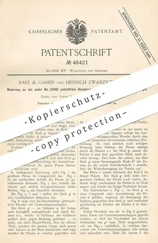 original Patent - Rast & Gasser , Heinrich Zwanziger , Wien Österreich , 1888 , Handpresse für Plomben , Siegel | Presse