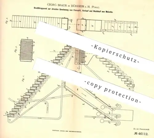 original Patent - Georg Braun , Dürkheim / Pfalz 1888 , Destillierapparat zur Gewinnung von Feinsprit | Sprit | Spiritus