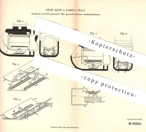 original Patent - Herm. Klein , Camen , Westfalen , 1897 , Schmierpolstergestell für Achsbüchse | Eisenbahn , Achse !!!