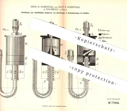 original Patent - Herm. H. Rosenthal , Kurt E. Rosenthal , Naumburg / Saale | Absperren der Gasleitung in Eisenbahn !!!