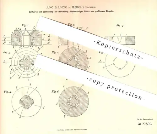 original Patent - Jung & Lindig , Freiberg / Sachsen 1893 , doppelwandige Rohre aus pressbarem Material | Rohr , Röhren