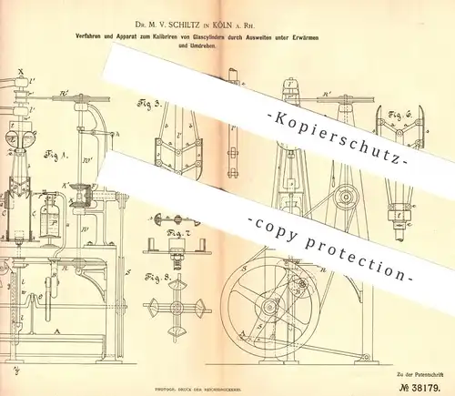 original Patent - Dr. M. V. Schiltz , Köln / Rhein , 1886 , Kalibrieren von Glaszylinder | Glas | Gläser | Schleifen !!