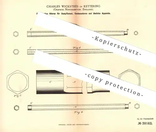 original Patent - Charles Wicksteed , Kettering , Northampton , England , 1886 , Röhren für Dampfkessel , Kondensator !!