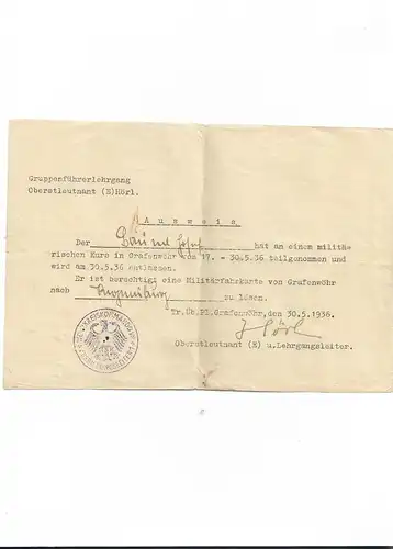 alter Ausweis, Lehrgang für Gruppenführer 1936 in Grafenwöhr , mit Autograph Ludwig Hörl !!!
