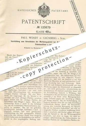 original Patent - Paul Wendt , Grünberg / Schlesien , 1900 , Vorschieben der Werkzeugspindel bei Bohrmaschine , Fräse !