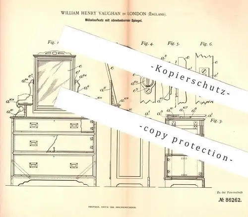 original Patent - William Henry Vaughan , London  England 1895 , Möbelaufsatz mit Spiegel | Schrank , Kommode , Tischler